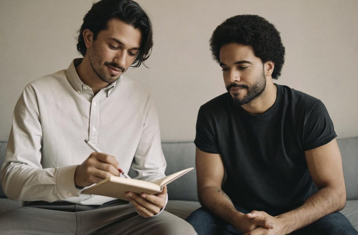 Coach writing a training plan in a notebook with an athlete