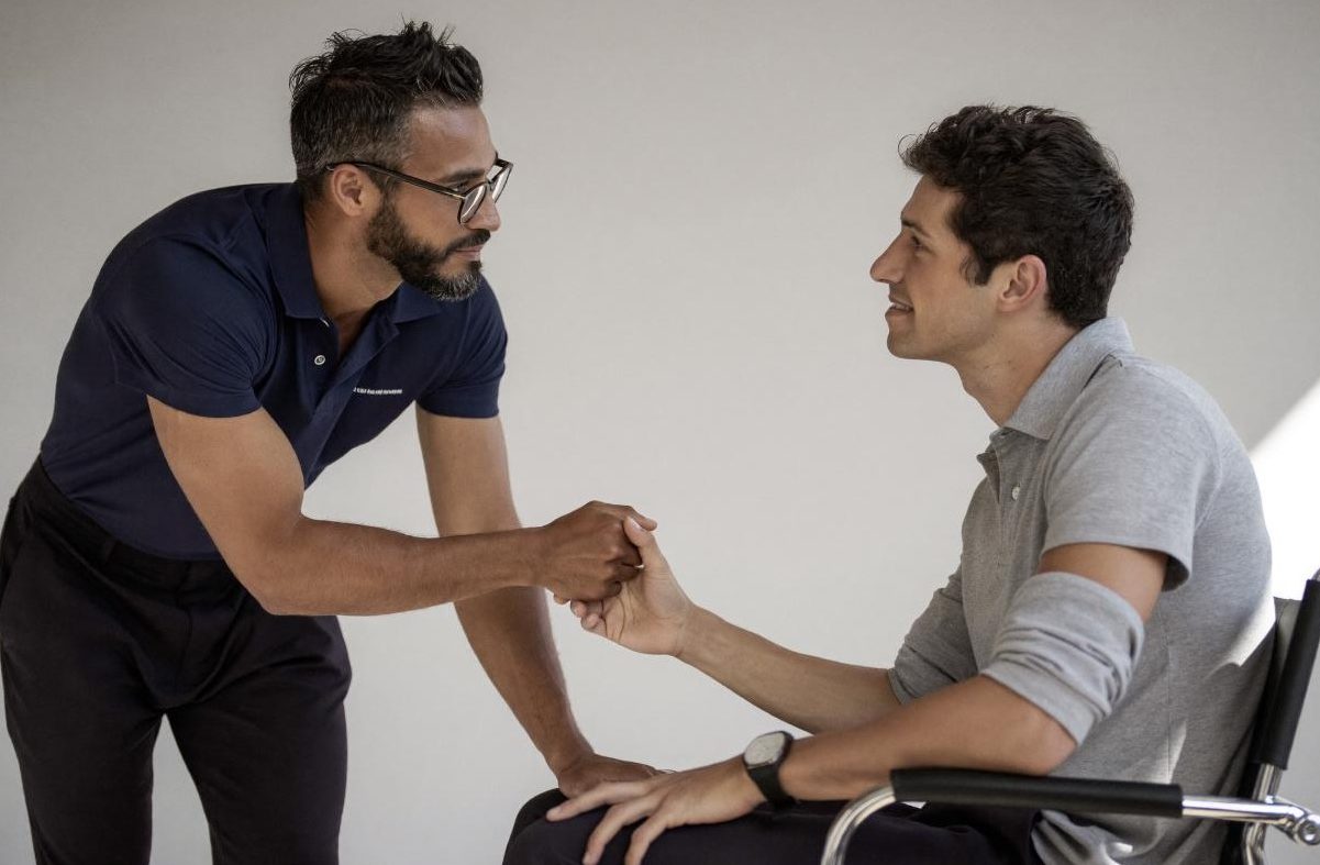 Coach and athlete shaking hands during a supportive conversation