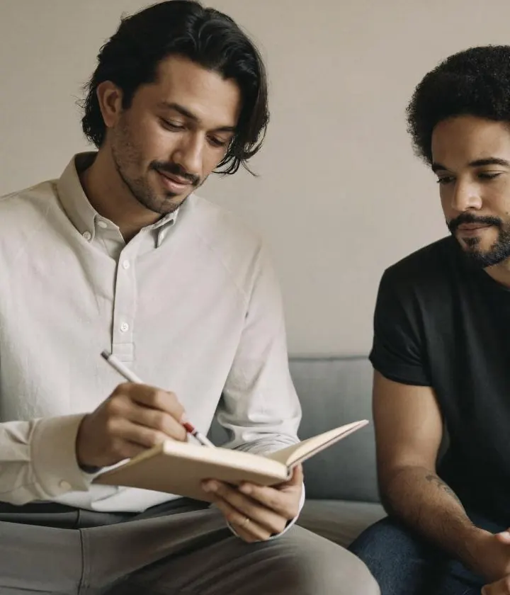 Coach and client planning a training week together in a notebook