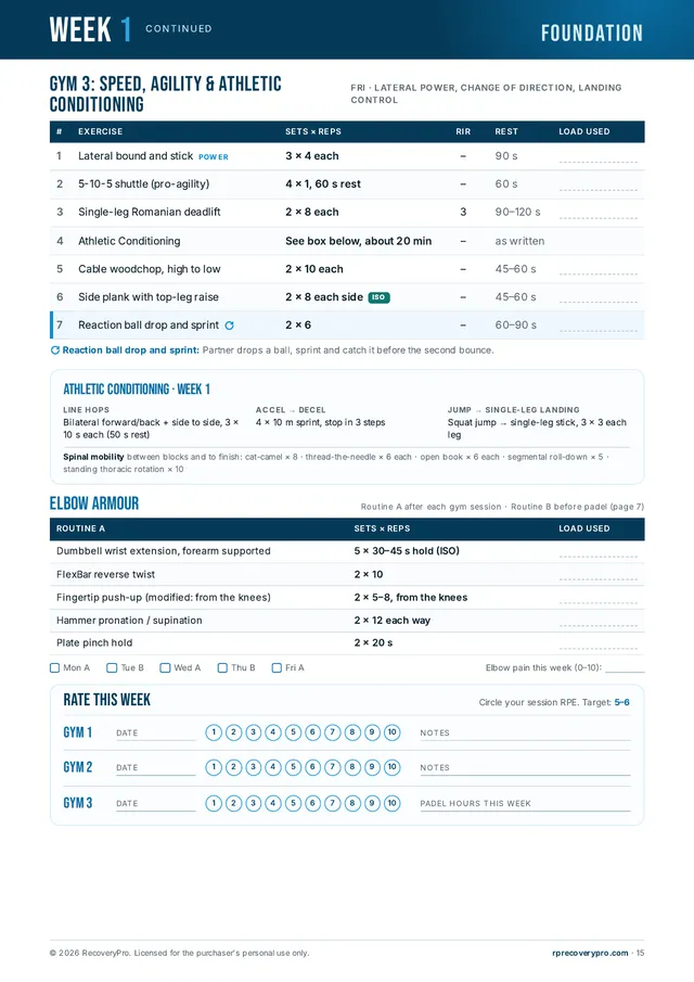 A full training week page from Elite Padel