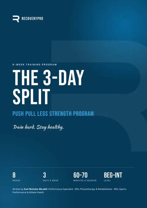 Cover of The 3-Day Split, an 8-week Push Pull Legs strength program by RecoveryPro
