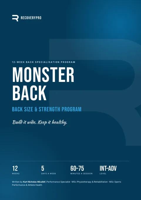 Cover of Monster Back, a 12-week back size and strength program by RecoveryPro