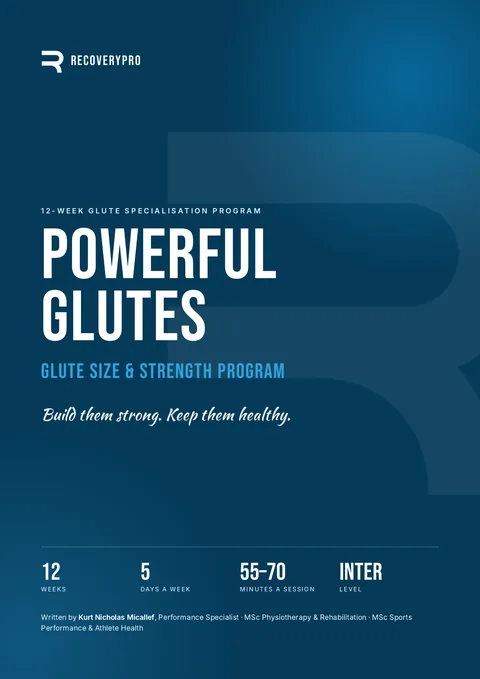 Cover of Powerful Glutes, a 12-week glute size and strength program by RecoveryPro